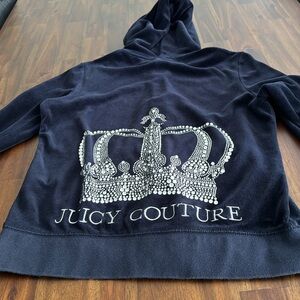 Juicy Couture hoodie. Navy velour with rhinestone motif on back. Size L.